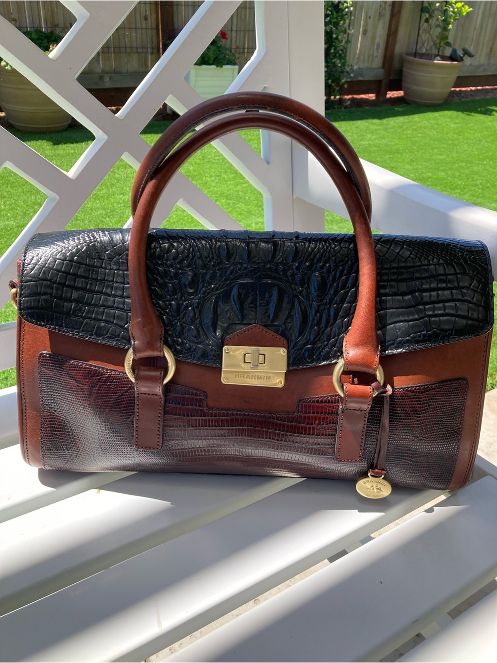 Brahmin Brown and Black Textured Leather Satchel - Picture 16 of 16